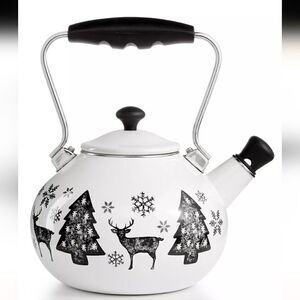MARTHA STEWART HOLIDAY TEAKETTLE, WHITE WITH BLACK REINDEER, TREES, SNOWFLAKES